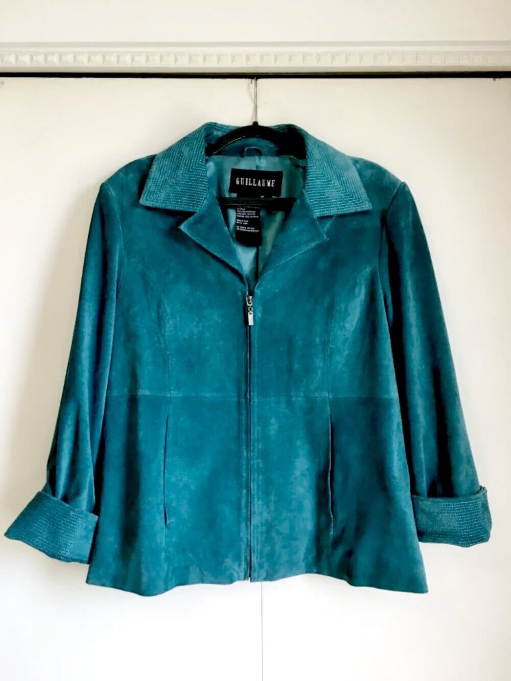Vintage Teal Suede Leather Jacket 70s Disco Collar Moto Bomber Coat L